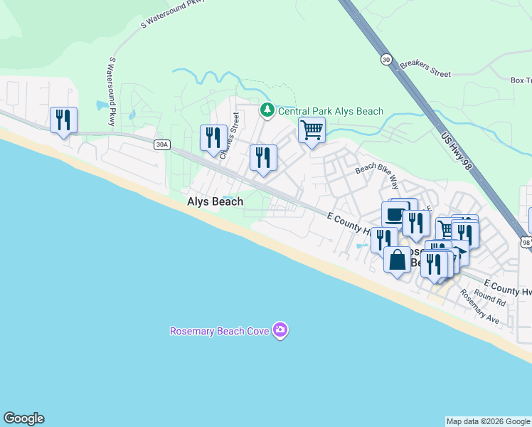 map of restaurants, bars, coffee shops, grocery stores, and more near 58 Castle Harbour Drive in Alys Beach