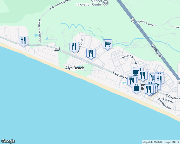 map of restaurants, bars, coffee shops, grocery stores, and more near 58 Castle Harbour Drive in Alys Beach
