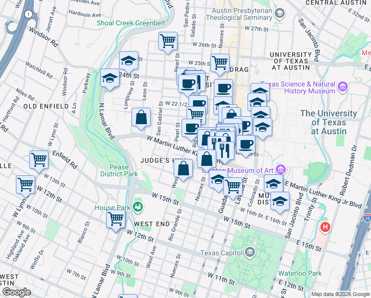 map of restaurants, bars, coffee shops, grocery stores, and more near W Martin Luther King Jr Blvd & West Ave in Austin
