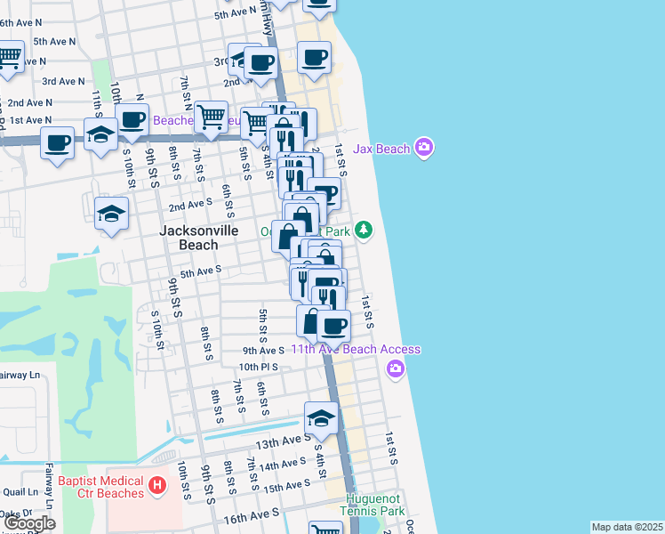 map of restaurants, bars, coffee shops, grocery stores, and more near 504 2nd Street South in Jacksonville Beach