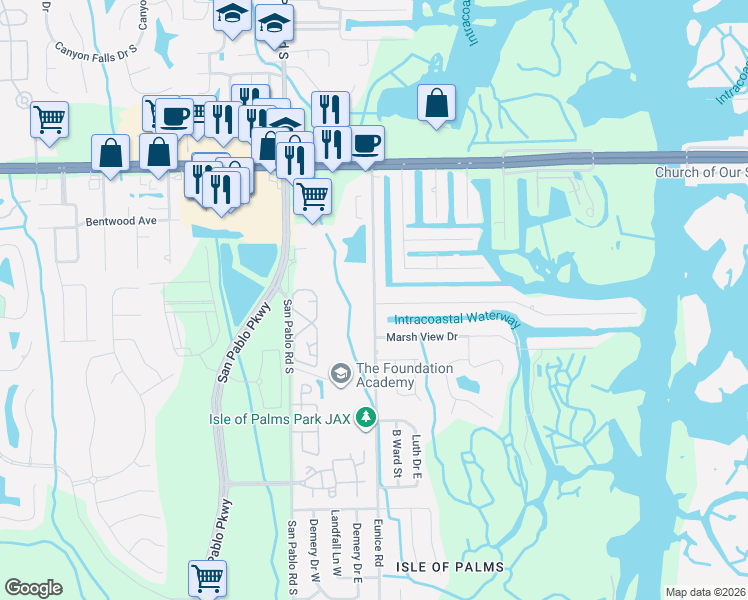 map of restaurants, bars, coffee shops, grocery stores, and more near 3479 Eunice Road in Jacksonville