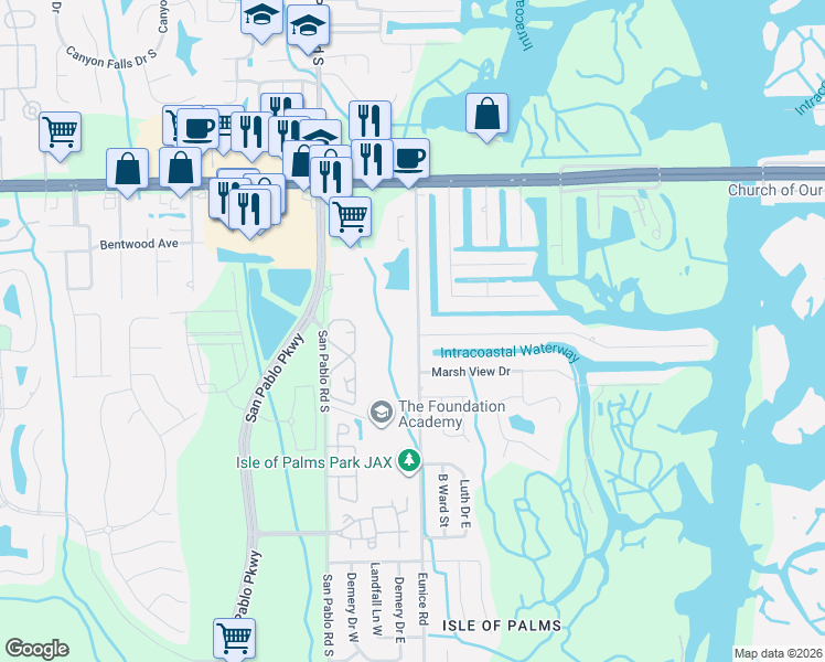 map of restaurants, bars, coffee shops, grocery stores, and more near 3479 Eunice Road in Jacksonville