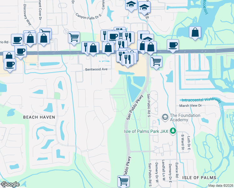 map of restaurants, bars, coffee shops, grocery stores, and more near 3677 Marsh Reserve Boulevard in Jacksonville