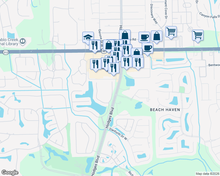 map of restaurants, bars, coffee shops, grocery stores, and more near 3789 Casitas Drive in Jacksonville