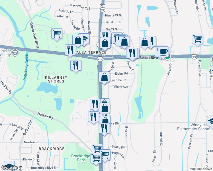 map of restaurants, bars, coffee shops, grocery stores, and more near 9728 Buncome Road in Jacksonville