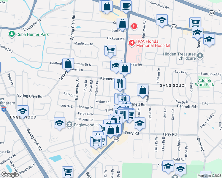 map of restaurants, bars, coffee shops, grocery stores, and more near 4027 Bender Road in Jacksonville