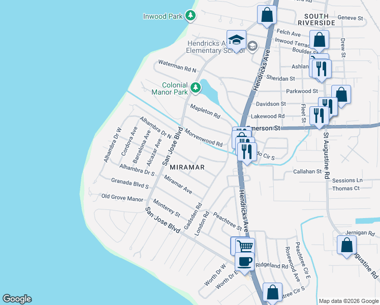 map of restaurants, bars, coffee shops, grocery stores, and more near 1152 Morvenwood Road in Jacksonville