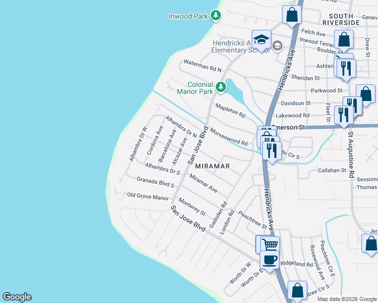 map of restaurants, bars, coffee shops, grocery stores, and more near 3936 San Jose Boulevard in Jacksonville