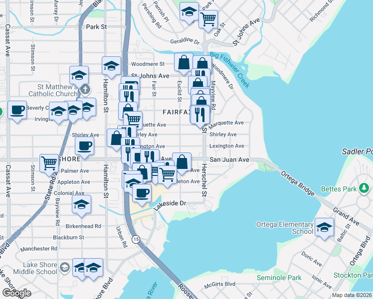 map of restaurants, bars, coffee shops, grocery stores, and more near 1917 Euclid Street in Jacksonville