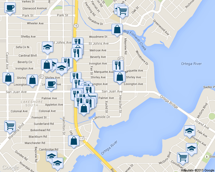 map of restaurants, bars, coffee shops, grocery stores, and more near 1917 Euclid Street in Jacksonville