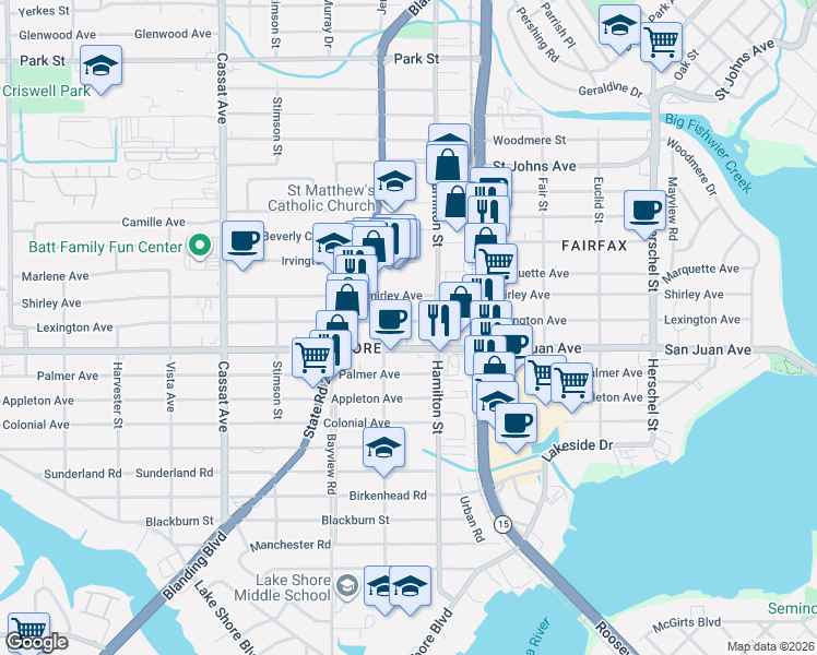 map of restaurants, bars, coffee shops, grocery stores, and more near 4575 Lexington Avenue in Jacksonville