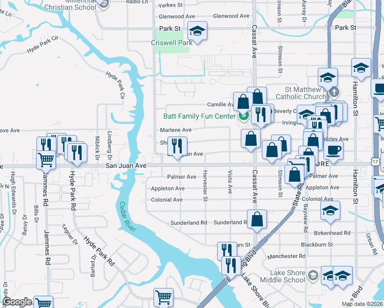 map of restaurants, bars, coffee shops, grocery stores, and more near 5210 Shirley Avenue in Jacksonville