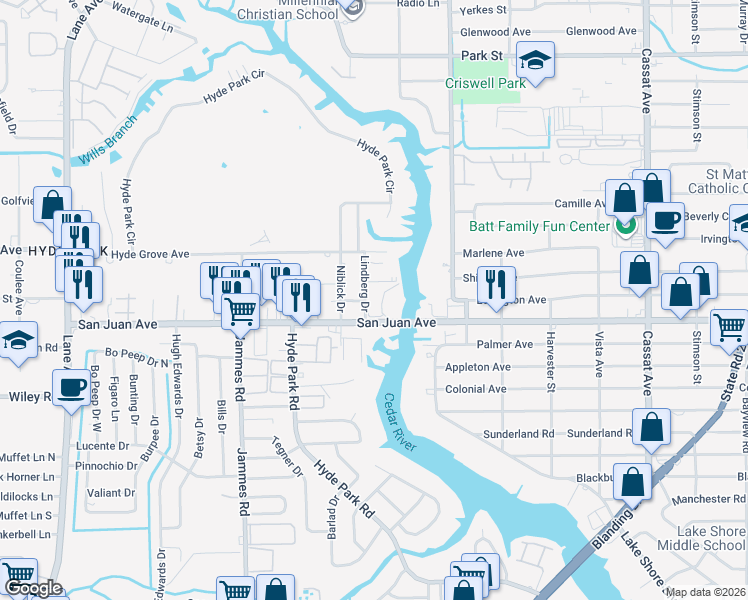 map of restaurants, bars, coffee shops, grocery stores, and more near 1845 Lindberg Drive in Jacksonville