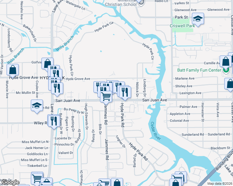 map of restaurants, bars, coffee shops, grocery stores, and more near 6345 Kimberly Lane in Jacksonville