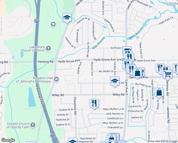 map of restaurants, bars, coffee shops, grocery stores, and more near 1930 Muncie Avenue in Jacksonville