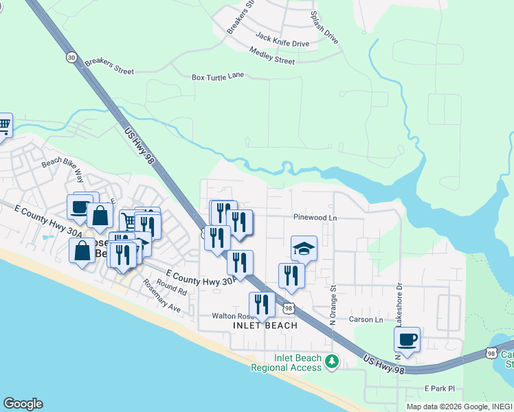 map of restaurants, bars, coffee shops, grocery stores, and more near 347 North Wall Street in Panama City Beach