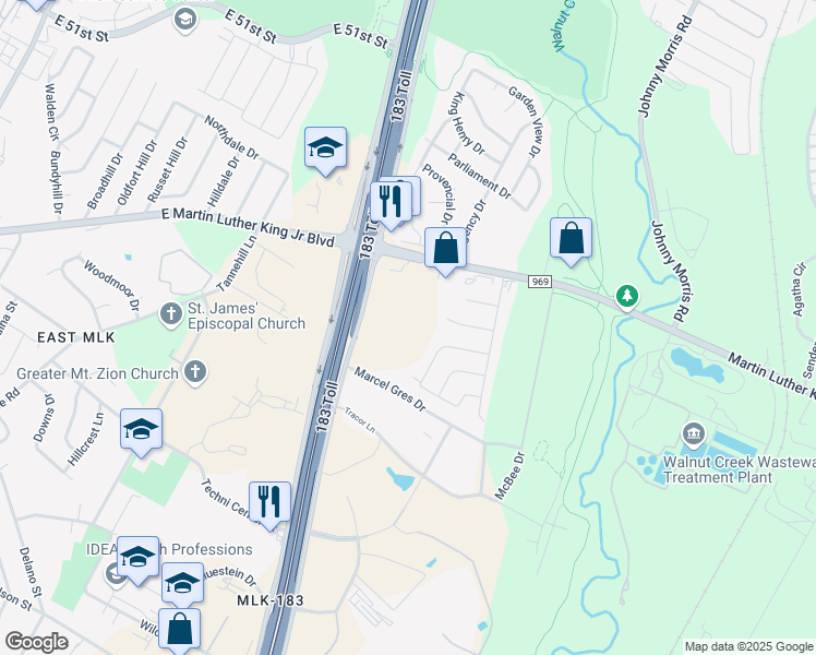 map of restaurants, bars, coffee shops, grocery stores, and more near 6121 Farm to Market 969 in Austin
