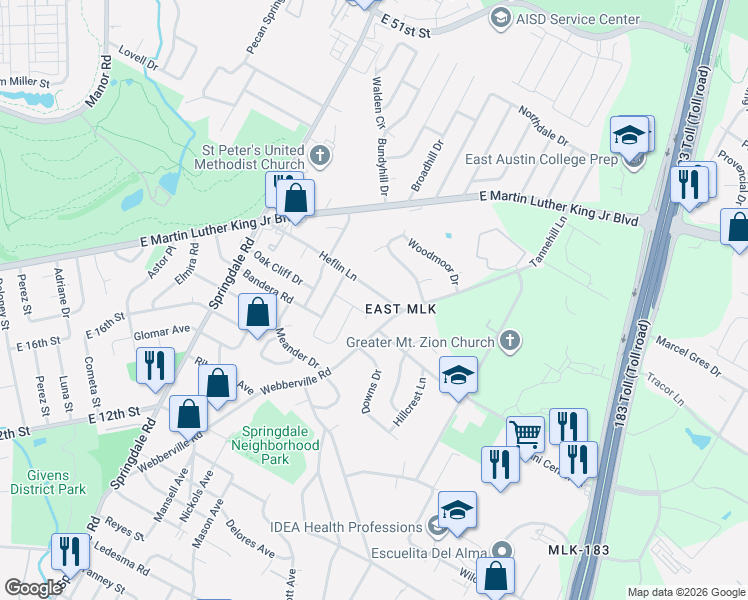 map of restaurants, bars, coffee shops, grocery stores, and more near 5005 Heflin Lane in Austin