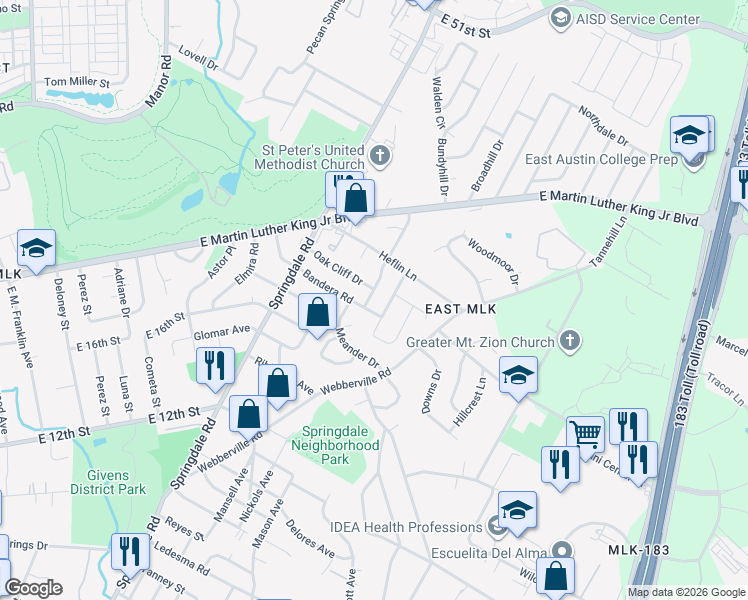 map of restaurants, bars, coffee shops, grocery stores, and more near 1809 Rhodes Road in Austin
