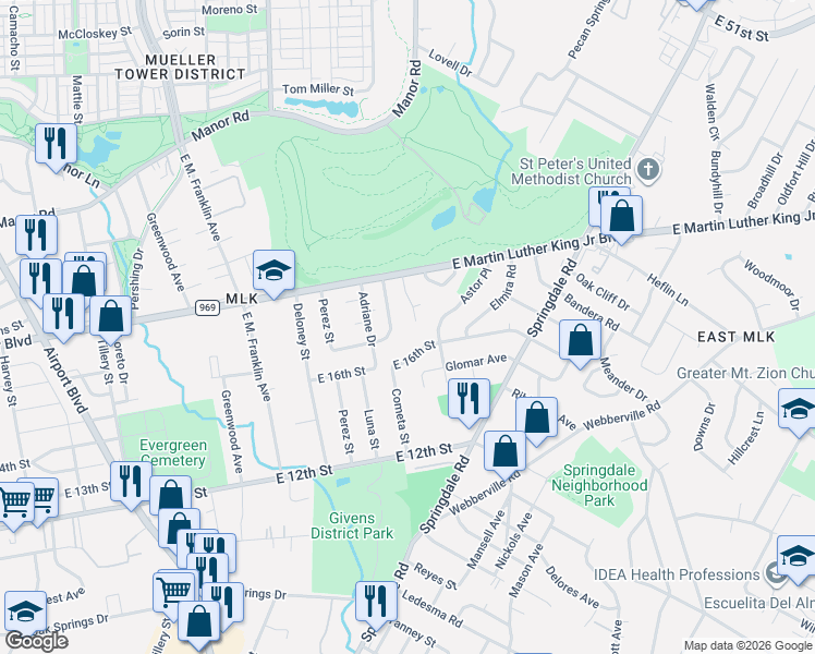 map of restaurants, bars, coffee shops, grocery stores, and more near 4101 Monticello Circle in Austin
