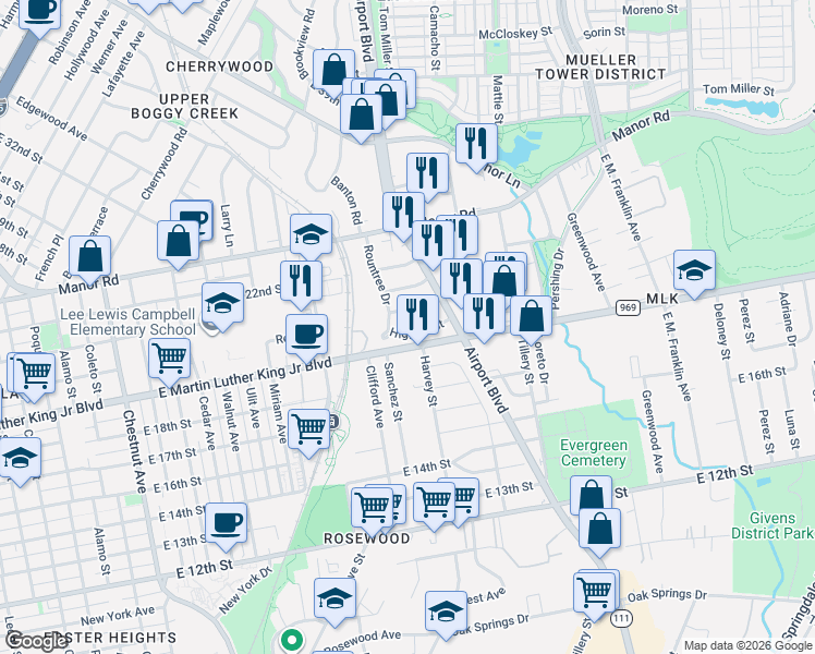 map of restaurants, bars, coffee shops, grocery stores, and more near 2943 Eckert Street in Austin