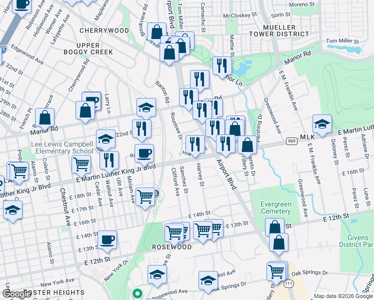 map of restaurants, bars, coffee shops, grocery stores, and more near 2100 Rountree Drive in Austin