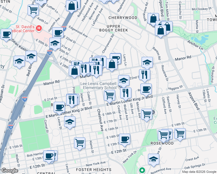map of restaurants, bars, coffee shops, grocery stores, and more near 2107 Maldon Place in Austin