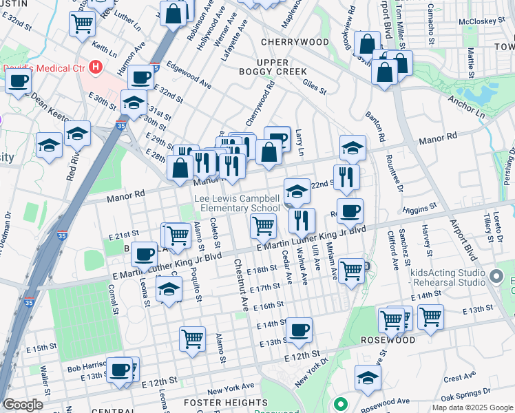 map of restaurants, bars, coffee shops, grocery stores, and more near 2107 Maldon Place in Austin