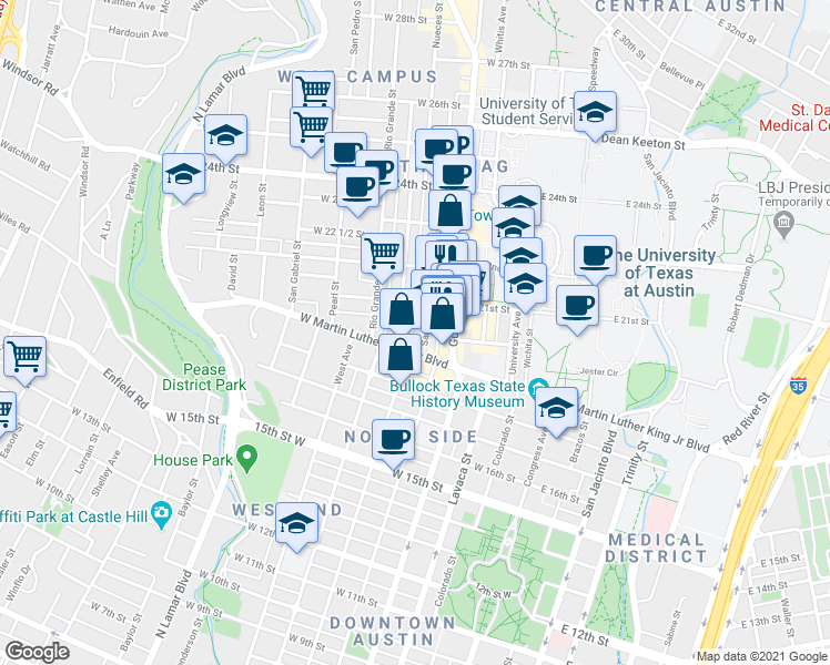 map of restaurants, bars, coffee shops, grocery stores, and more near 2016 San Antonio Street in Austin