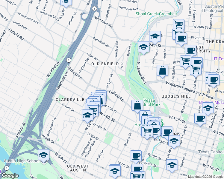 map of restaurants, bars, coffee shops, grocery stores, and more near 1507 Murray Lane in Austin