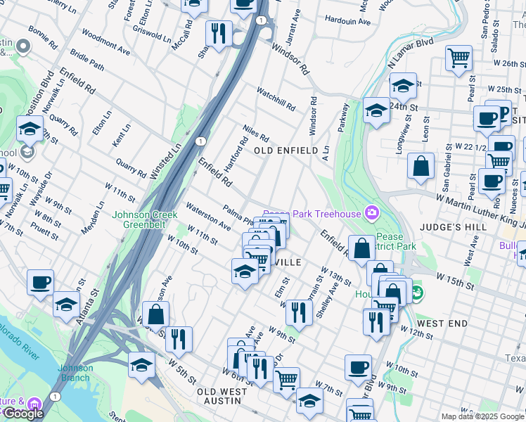 map of restaurants, bars, coffee shops, grocery stores, and more near 1618 Enfield Road in Austin