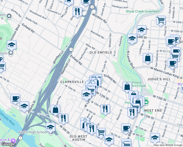 map of restaurants, bars, coffee shops, grocery stores, and more near 1618 Enfield Road in Austin
