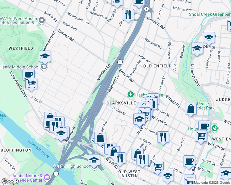 map of restaurants, bars, coffee shops, grocery stores, and more near 1303 Newfield Lane in Austin