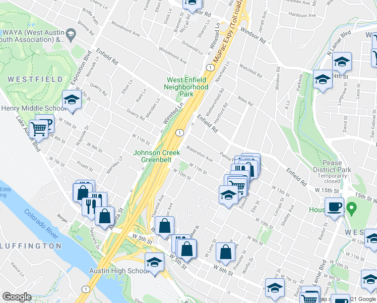 map of restaurants, bars, coffee shops, grocery stores, and more near 1303 Newfield Lane in Austin