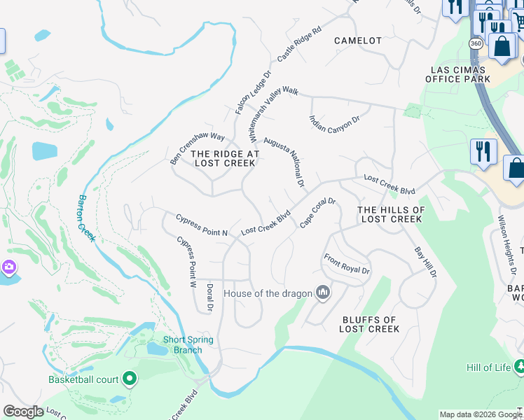 map of restaurants, bars, coffee shops, grocery stores, and more near 6500 Whitemarsh Valley Walk in Austin