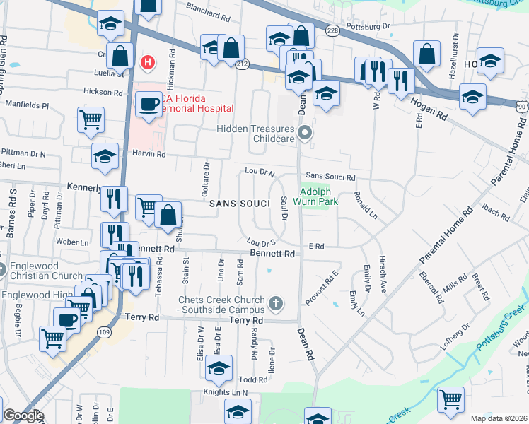 map of restaurants, bars, coffee shops, grocery stores, and more near 2146 West Nathan Drive in Jacksonville