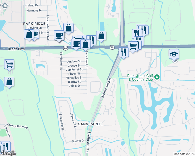 map of restaurants, bars, coffee shops, grocery stores, and more near 12280 Pheon Street in Jacksonville