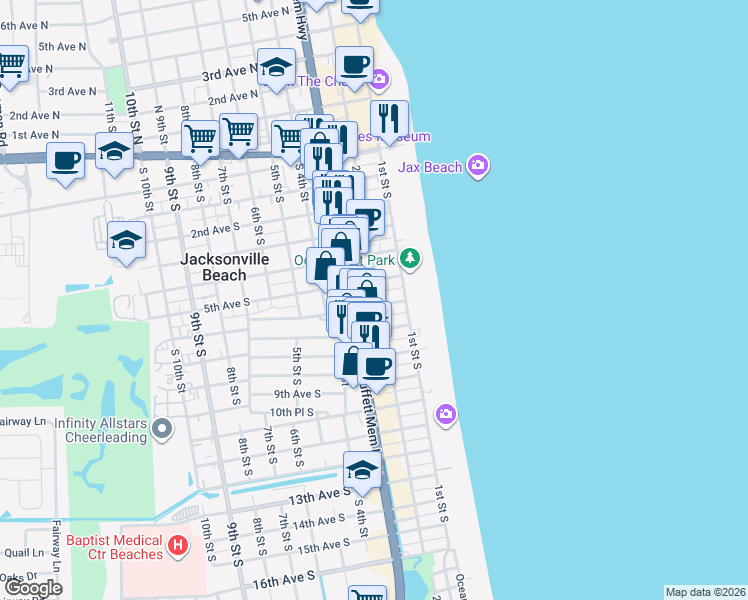 map of restaurants, bars, coffee shops, grocery stores, and more near 504 2nd Street South in Jacksonville Beach
