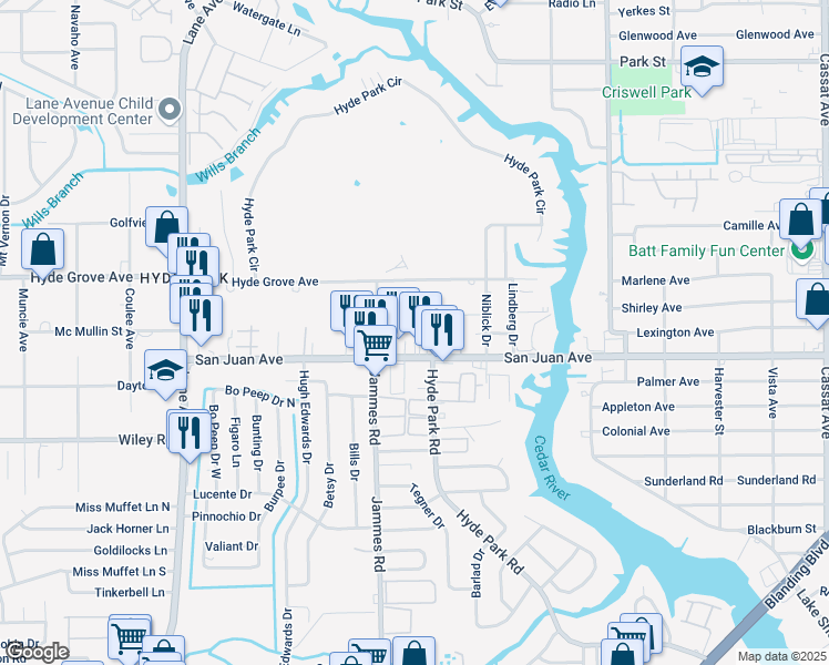 map of restaurants, bars, coffee shops, grocery stores, and more near 6324 Kimberly Lane in Jacksonville