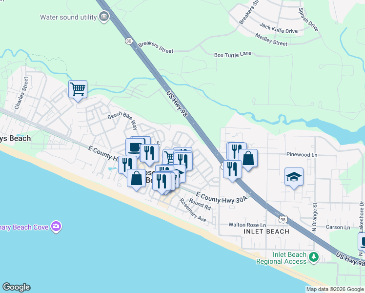map of restaurants, bars, coffee shops, grocery stores, and more near 38 Dill Lane in Rosemary Beach