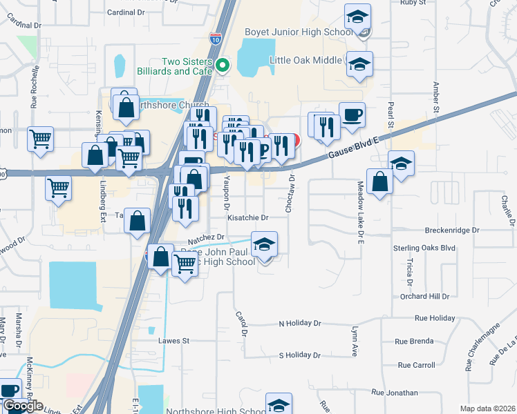 map of restaurants, bars, coffee shops, grocery stores, and more near 39299 Manzella Drive in Slidell