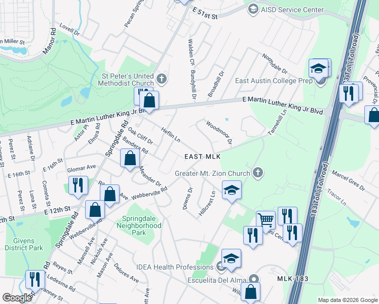 map of restaurants, bars, coffee shops, grocery stores, and more near 5102 Heflin Lane in Austin