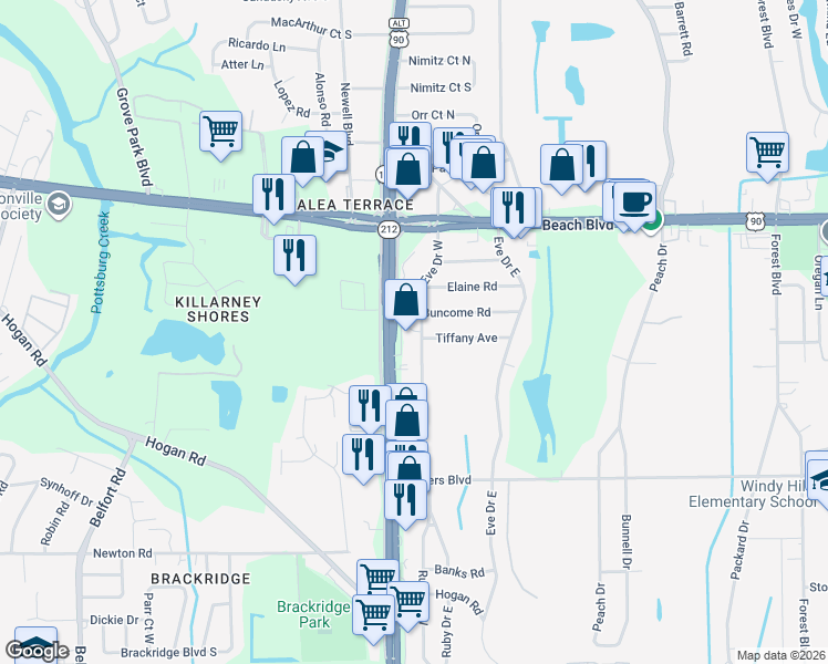 map of restaurants, bars, coffee shops, grocery stores, and more near 9728 Buncome Road in Jacksonville