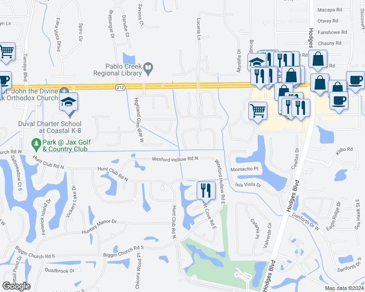 map of restaurants, bars, coffee shops, grocery stores, and more near 13261 Stone Pond Drive in Jacksonville