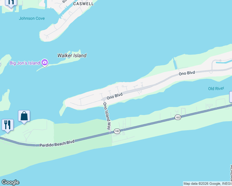 map of restaurants, bars, coffee shops, grocery stores, and more near 3956 Barancas Ky in Orange Beach