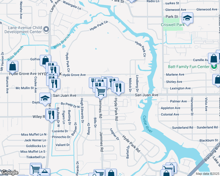 map of restaurants, bars, coffee shops, grocery stores, and more near 6332 Kimberly Lane in Jacksonville