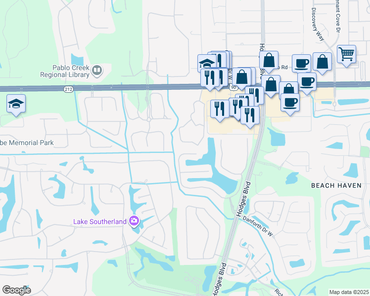 map of restaurants, bars, coffee shops, grocery stores, and more near 13364 Beach Boulevard in Jacksonville
