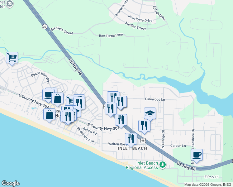 map of restaurants, bars, coffee shops, grocery stores, and more near 188 Willow Mist Road in Rosemary Beach