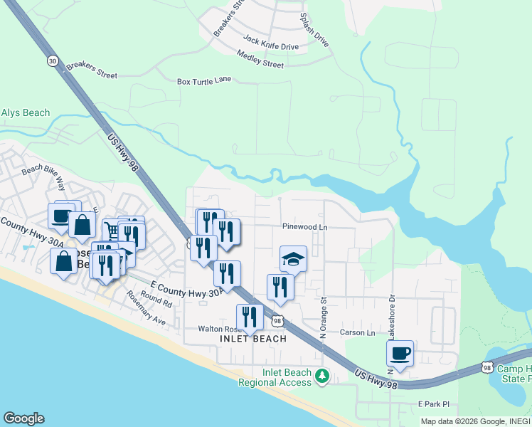 map of restaurants, bars, coffee shops, grocery stores, and more near 59 Willow Mist Road in Panama City Beach