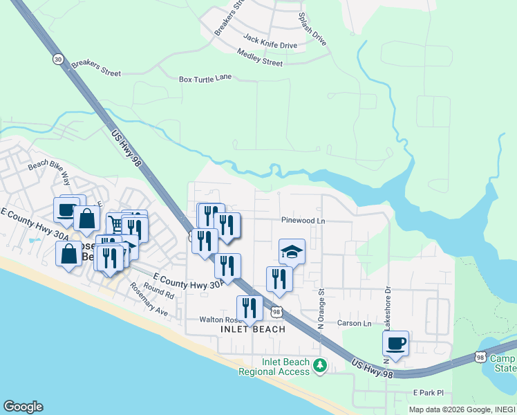 map of restaurants, bars, coffee shops, grocery stores, and more near 347 North Wall Street in Panama City Beach
